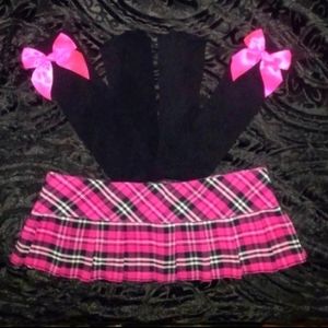 Pink plaid school girl skirt and pink bow stockings bnwot